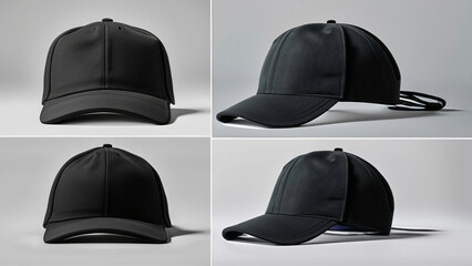 Set of black front and side view hat baseball cap on white background 