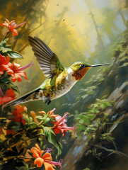 Bunter Kolibri sammelt Nektar an Blüten von tropischen Blumen, generative KI - obrazy, fototapety, plakaty