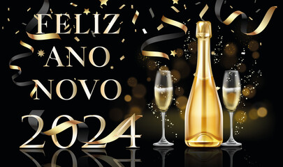 cartão ou banner para desejar um feliz ano novo 2024 em ouro sobre fundo preto com flâmulas, estrelas, círculos em efeito bokeh e glitter dourado e ao lado de uma garrafa de álcool e duas taças - obrazy, fototapety, plakaty