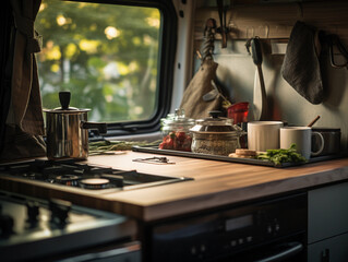 Fototapeta na wymiar Detail shot, vanlife kitchen setup, stainless steel appliances, wooden countertops