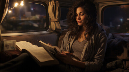 Hyperrealistic charcoal sketch of a woman reading inside a cozy camper van with fairy lights and boho chic decor, soft warm lighting, moody ambiance
