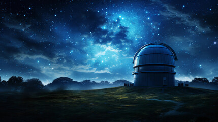 Obraz premium an astronomer's observatory, nestled in a field, under a star - studded sky, domed telescope silhouette against the vast cosmos, fisheye lens effect, high contrast, deep saturated blues and blacks