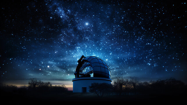 an astronomer's observatory, nestled in a field, under a star - studded sky, domed telescope silhouette against the vast cosmos, fisheye lens effect, high contrast, deep saturated blues and blacks - Powered by Adobe