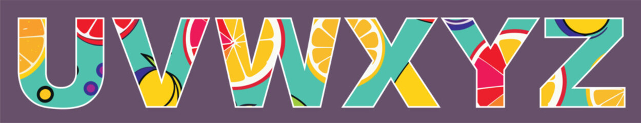 Citrus font. A set of vector letters of english alphabet UVWXYZ 
with tropical pattern from fruits and berry for t-shirt.
Fashionable summer women's (child) print for clothes, 
fabric, textile, paper.