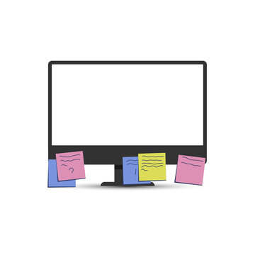 A computer with a blank screen and sticky notes on it.