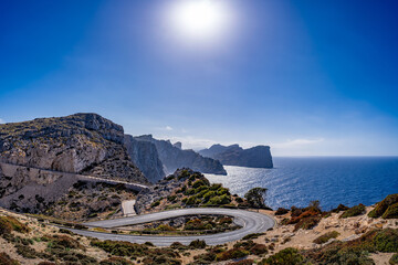 Majorca, Spain. Cap Formentor. Coastal landscape with winding road.