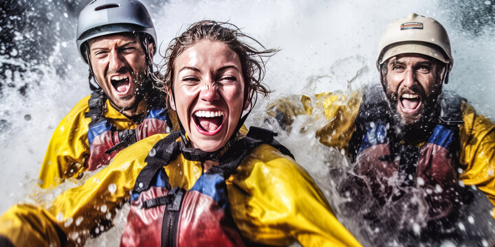 Exhilarating image of a strong young woman, flanked by two cheerful men in white-water rafting gear, all soaked and laughing post an adventure river run. Generative AI