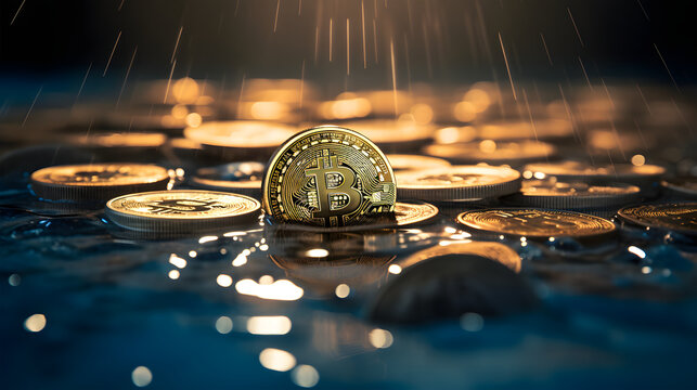 Bitcoin tokens dropping into a still pool of water