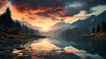 Fantastic sunset over the mountain lake