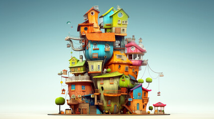 illustration of a fantasy castle with balloons and stairs