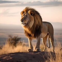 Fototapeta na wymiar Majestic Lion with Golden Mane on Rocky Outcrop