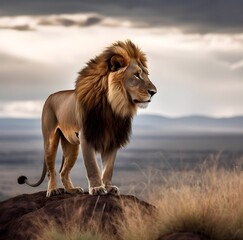 Majestic Lion with Golden Mane on Rocky Outcrop