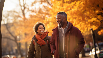 Middle age black couple smiling and walking in the fall