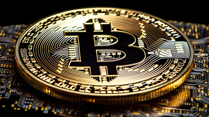 Fototapeta na wymiar Gold plated bitcoin coin on a black background