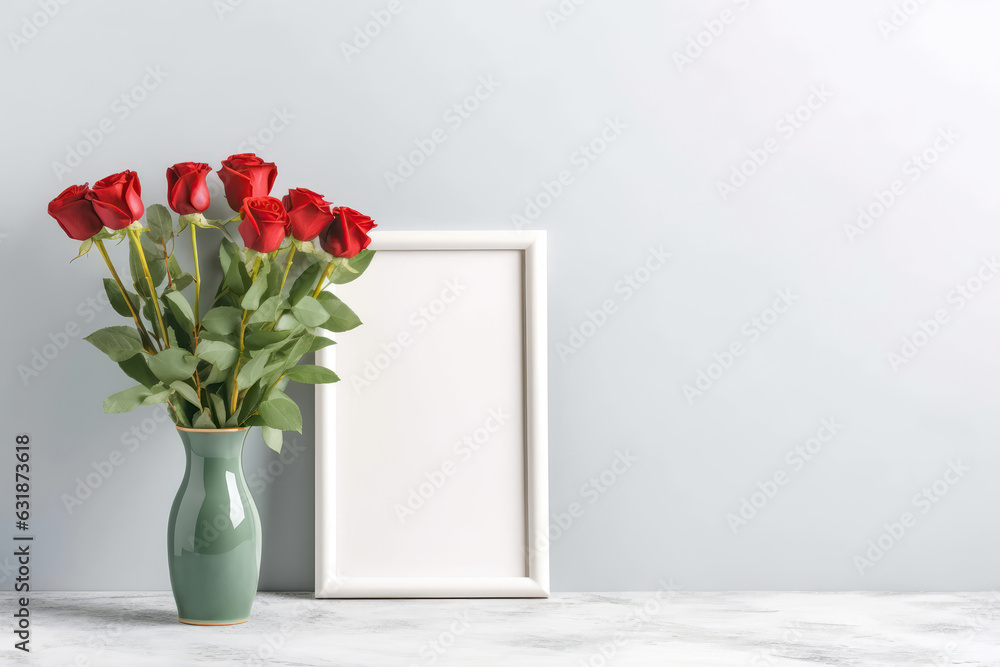 Poster empty green frame with red roses in vase next to it on white background. generative ai
