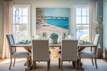 Fototapeta na wymiar Lightfilled Dining Area With Rustic Coastal Table And Coastalinspired Artwork Coastal Interior Design. Generative AI