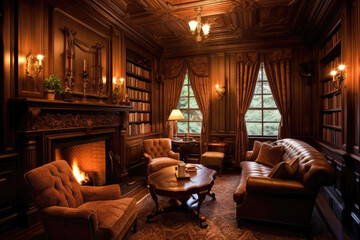 Cozy Library With Rich Wood Paneling And Fireplace Traditional Interior Design. Generative AI