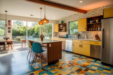 Midcentury Modern Kitchen With Colorful Accent Tiles And Retro Appliances Midcentury Modern...