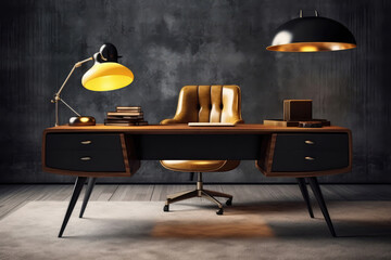 Midcentury Modern Office With Sleek Desk And Iconic Desk Lamp Midcentury Modern Interior Design. Generative AI