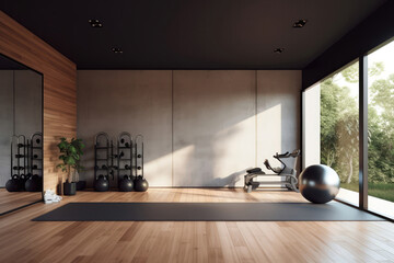 Minimalist Home Gym With Few Essential Workout Equipment Minimalist Interior Design. Generative AI