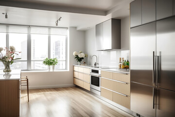 Fototapeta na wymiar Minimalist Kitchen Featuring Stainless Steel Appliances And Streamlined Cabinets Minimalist Interior Design. Generative AI