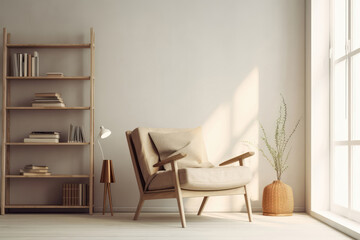 Minimalist Reading Nook With Cozy Chair And Minimal Shelving Minimalist Interior Design. Generative AI