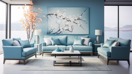 Contemporary design of a blue-themed living room featuring elegant sofas and furnishings. The spacious panorama captures a softly blurred, well-lit living space adorned with a grac Generative AI