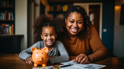 Financial literacy. African American mother and her daughter are at home, counting their savings using a piggy bank. Generative AI