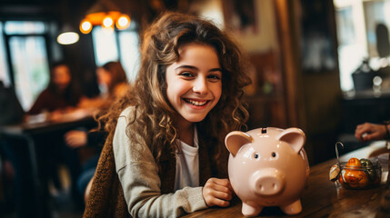 Joyful cultural youngster depositing funds into a savings piggy bank. Generative AI