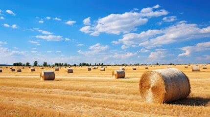 Agricultural field with straw bales and blue sky with clouds