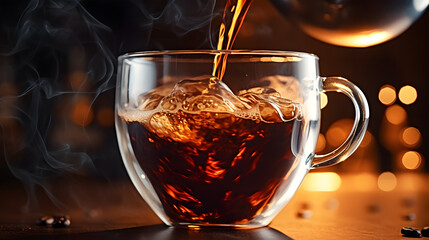 Fototapeta premium Black coffee being poured into a clear glass mug