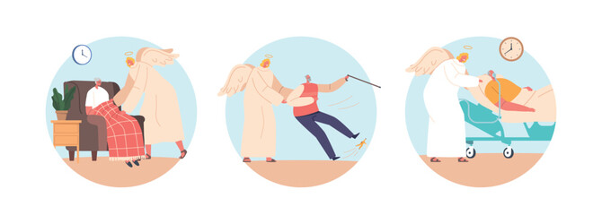 Isolated Round Icons of Angel Guardians Protect And Support Elderly People, Guiding Them Through Challenges