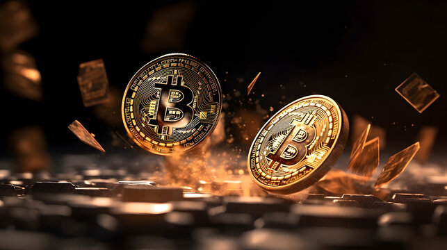 Two bronze bitcoin coins clinking together mid air