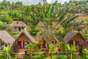 Beautiful jungle thatched roof houses in the Andasibe National Park, Madagascar