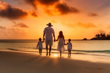 A family  holding hands while walking on a beautiful beach created with Generative AI technology