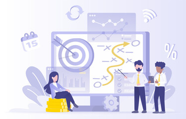 Business collaboration concept. Business people strategy plan, tactical management, creativity, thinking, brainstorming to achieve success. Flat vector design illustration.