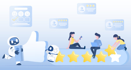 Artificial intelligence (AI) technology and customer satisfaction concept. Online technology review, give 5 star, thumb up, positive review, customer loyalty. Flat vector design illustration.