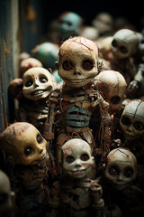 pile of creepy horror dolls. Generative AI