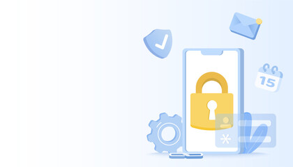 Data protection concept. Safety and security technology, protect personal detail, password sensitive data, firewall, identity, access account. Flat vector design illustration with copy space.