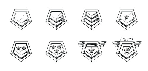 Black And White Rank Badges, Vector Monochrome Symbols Worn On Uniforms To Indicate An Individual Position