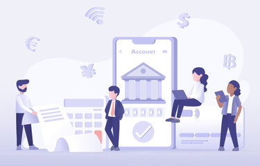 Online banking, account login, saving and mobile payment. Digital wallet, electronic statement, NFC (Near Field Communication) easy payment, exchange currency. Flat vector design illustration.