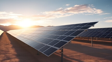 Solar farm with thousands of panels extending across desert landscape