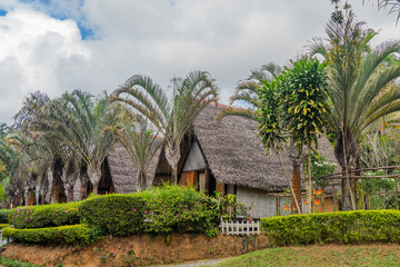 Fototapeta na wymiar Beautiful jungle thatched roof houses in the Andasibe National Park, Madagascar