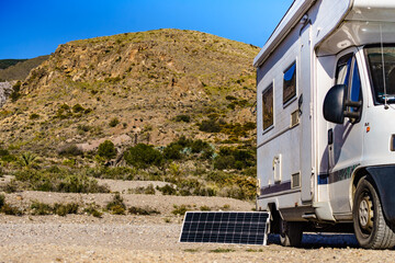 Solar panel at caravan camp on nature