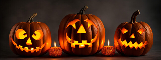 Spooky carved pumpkins with flickering candles, sinister pumpkins , Halloween, Generative AI