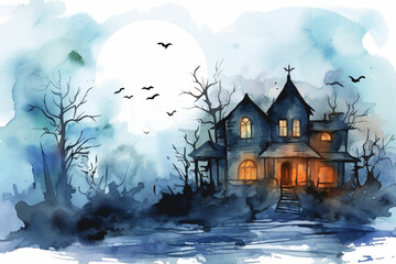 Fototapeta na wymiar Spooky haunted house with a full moon in the background, watercolor style, Halloween, Generative AI