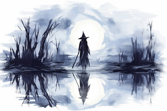 Eerie moonlit lake with a reflection of a witch on her broomstick, watercolor style, Halloween, Generative AI