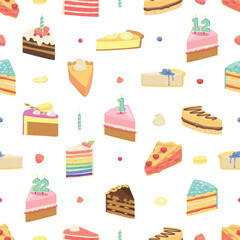 Seamless Pattern Featuring Delightful Cake Slices. Festive Pastry and Desserts In Various Flavors And Designs