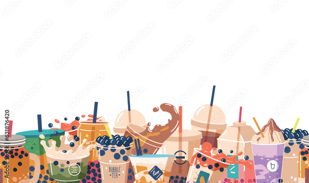 Poster seamless pattern featuring bubble tea cups in vibrant colors, creating a playful and refreshing desi
