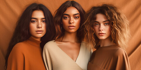 Captivating symmetry of three youthful women in minimalist, earthy attire, exuding a warm, fresh vibe on natural background. 